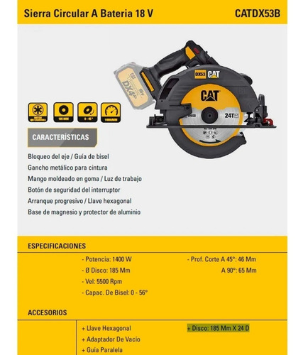 Sierra Circular A Bateria 1400w 185mm Caterpillar Cat Dx53b