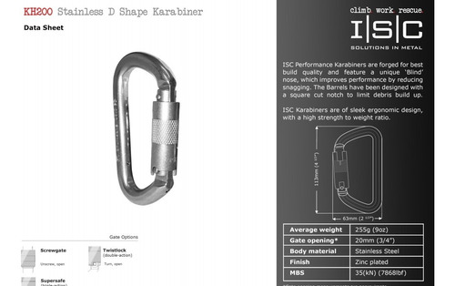 Mosquetón Isc Tipo D Acero Inox. Automático 35kn Rope Access