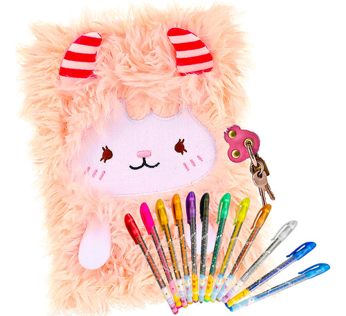 Diario Intimo Peluche + Lapiceras Glitter Candado Y Llaves Rosa Fluffy 2025