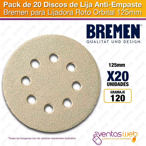 Imagen 2 de 4 de Pack 20 Lijas P Lijadora Roto Orbital 5 /125mm Anti Empaste
