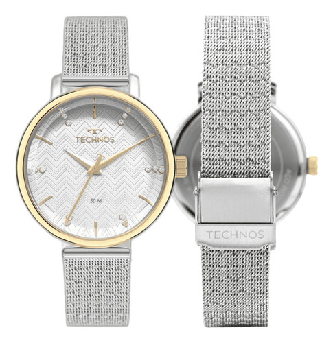 Relógio Technos Feminino Style Prata Dourado Pedras Fashion