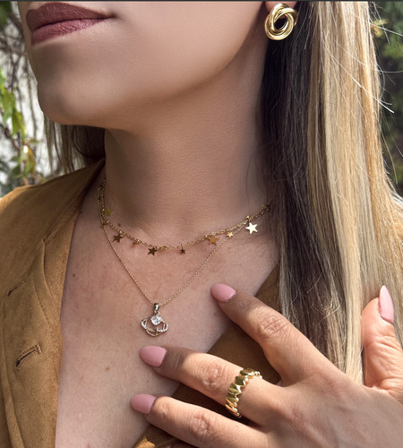 Set de Aretes en Forma de Estrella con Gargantilla y Estrellas Oro Laminado 18k Moda Fina Elegante Ideal para Regalo Dama