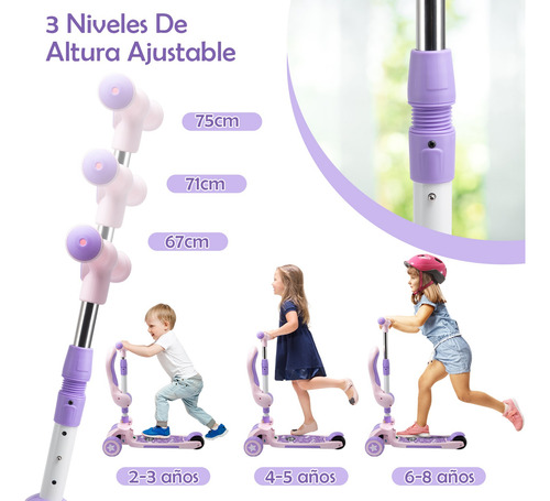 Scooter Plegable Para Niños Ajustable 3 Ruedas Con Asiento