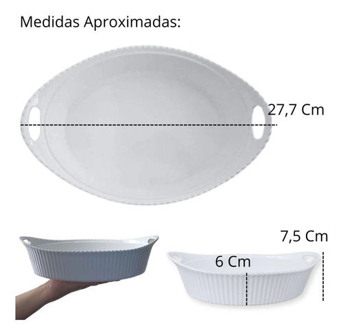 Kit 4 Tigelas 1,3 L Branca Ovais Com Alça 27,7 Cm Ondulada