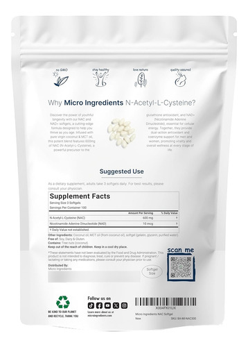 Microingredientes - Nac + Nad Y Aceite De Coco 300 Softgels
