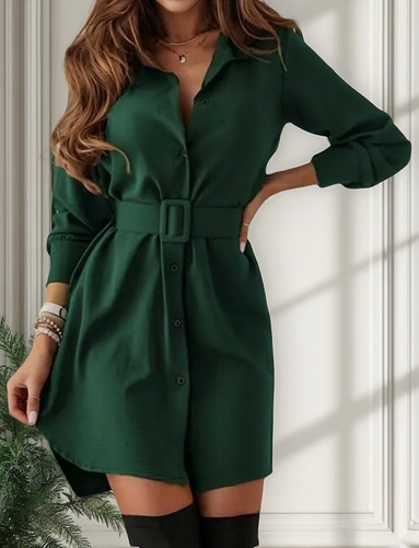 Vestido Camisero De Manga Larga Con Botones Y Cinturón