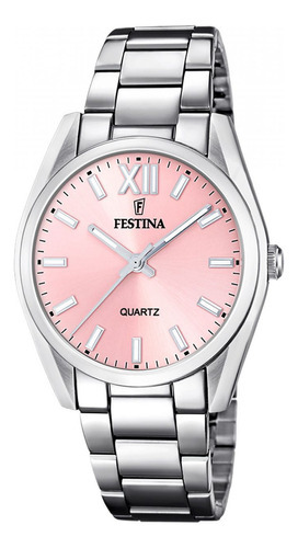 Reloj Festina F20622.2 Para Mujer Analogico Cuarzo Malla Plateado Bisel Plateado Fondo Rosa