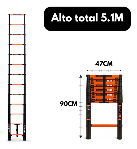 Escalera Telescopica 5,1m Acero Con Carbono 13 Escalones Negro