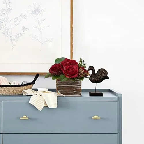Arreglo Floral Con Jarrón De Madera, 8 Flores Artificiales E