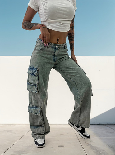 Jean Wide Leg Cargo Rigido Palm Tiro Bajo Mujer