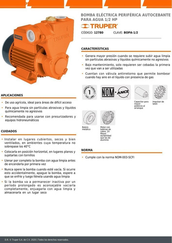 Imagen 5 de 6 de Bomba Eléctrica Periférica Autocebante P/agua 1/2 Hp 12780
