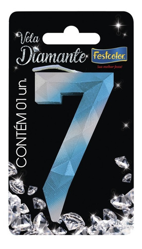 Número 7 - Vela Diamante Azul E Prateada Para Bolo E Festa