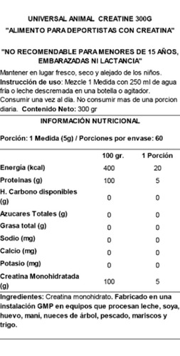Creatina Monohidrato 1 Kg 200 Svs Animal Sin Sabor