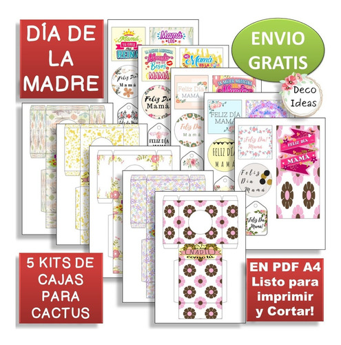 Imagen 1 de 4 de Kit N001 Imprimible Caja Portamacetas Dia De La Madre Cactus