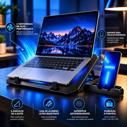 Base Suporte Para Pc Notebook Alumínio Portátil Articulado Dobrável Tablet Laptop Mesa Davely Cor Preto Com Ventoinhas E Suporte Para Celular Refrigerada 2 Cooler Gamer Confortável Home Office: imagem 3