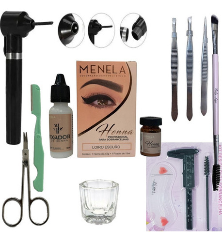 Kit Rena Menela Sobrancelha Design Pincel Rosa Navalha Mixer Cor Loiro Escuro