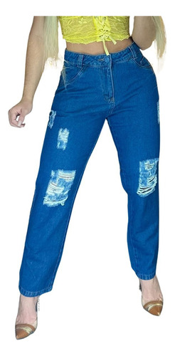 Calça Jeans Fem Mom 100% Destroyer  Rasgada Botão Tecido