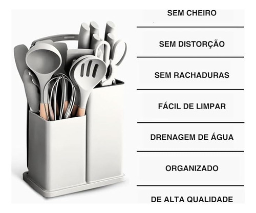 Conjunto Utensílios De Cozinha Silicone Com Tábua 19 Peças Off White