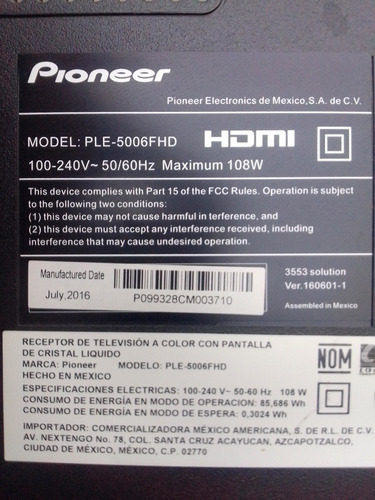 Tarjeta Main Pantalla Pioneer Mod. Ple-5006fhd Ver.160601-1