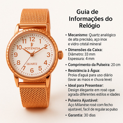 Relógio Feminino Prova D Água + Kit Colar E Brincos + Caixa Ouro Rose Rose Branco
