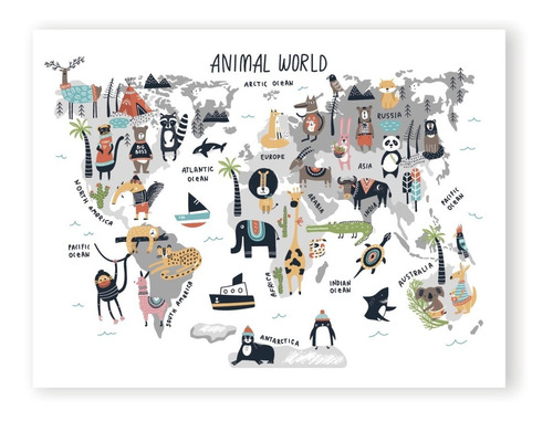 Imagen 1 de 1 de Láminas Para Cuadros - Mapamundi Infantil Animales Nórdicos