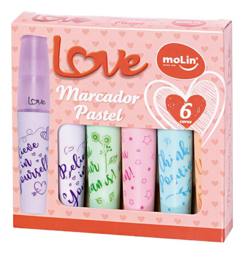 Marcador Love Caixa Com 6 Cores Molin Marca Texto Colorido Cor Pastel