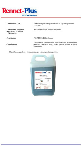 Imagen 3 de 3 de Cuajo Microbiano 750 Imcu/g Potencia 1: 20000 5 Litros