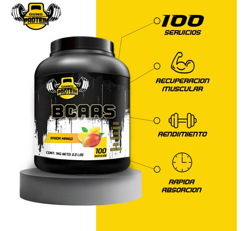 Aminoácidos Bcaas Guns 1 Kg Sabores 100servicios Pre Entreno Mango-