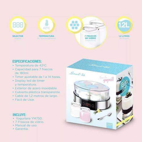 Yogurtera Smart Tek Ym750 Digital 7 Jarros Vidrio Recetario
