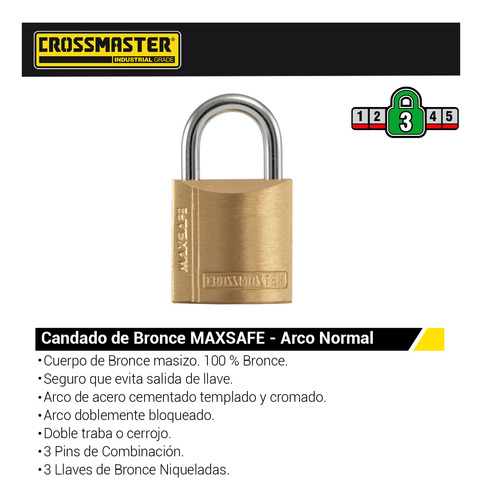 Imagen 2 de 4 de Candado De Bronce Arco Normal 20 Mm Crossmaster 9933102