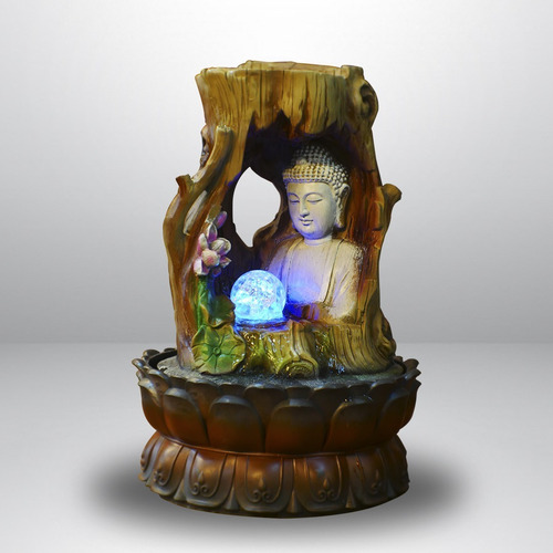 Cascada  De Agua Gautama Tronco 39cm Pileta Esfera Iluminada