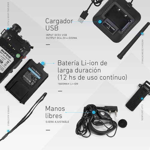 Rádio Biband Baofeng UV5r 8w Biband Walkie Talkie para 2 rádios VHF UHF de cor preta Tipo de frequência UHF/VHF