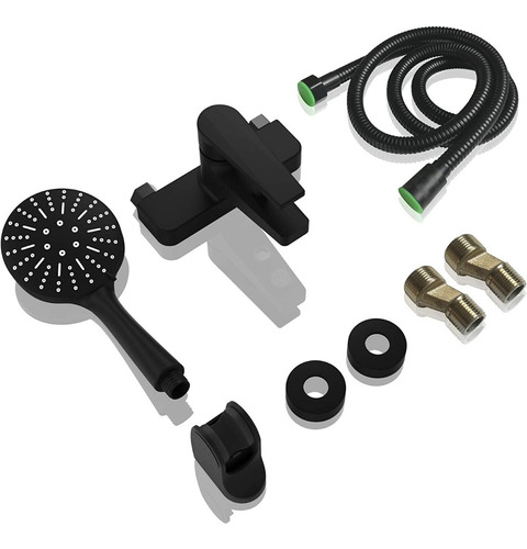 Kit Llave Monomando Ducha Tina Manguera Y Soporte Negro Mate