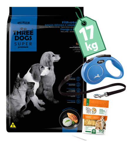 Alimento Three Dogs Cachorros Rza Med Y Gde 15 Kg + 2 Kg