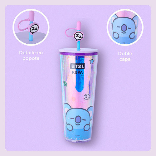 Miniso Vaso Con Tapa Y Popote Bt21 Koya Plástico Tornasol 80
