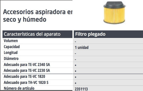 Imagen 2 de 4 de Filtro De Polvo Para Aspiradora Einhell 1820 2230 2340 Dgm