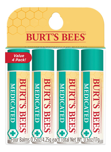 Bálsamo Labial Burt's Bees Medicated Lip Balm, Pacote Com 4,