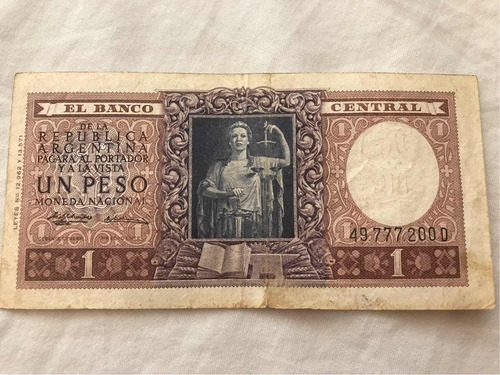 Billete De 1 Peso Moneda Nacional Argentina - 1947 (Usado)