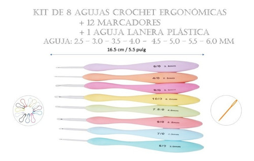 Kit 8 Agujas Crochet + 12 Marcadores + 1 Aguja Lanera