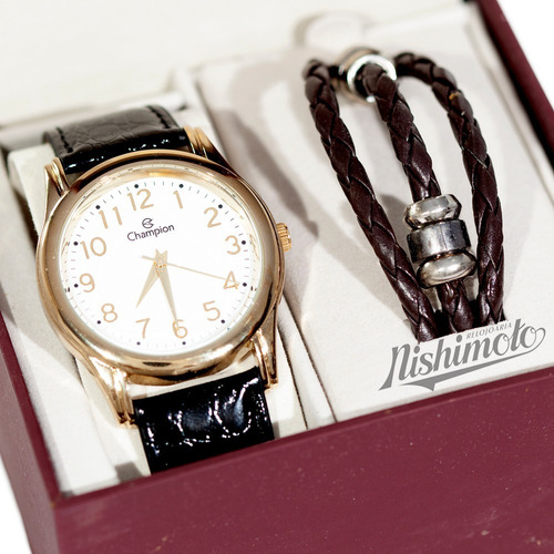 Relogio Champion Masculino Dourado Couro + Brinde Pulseira