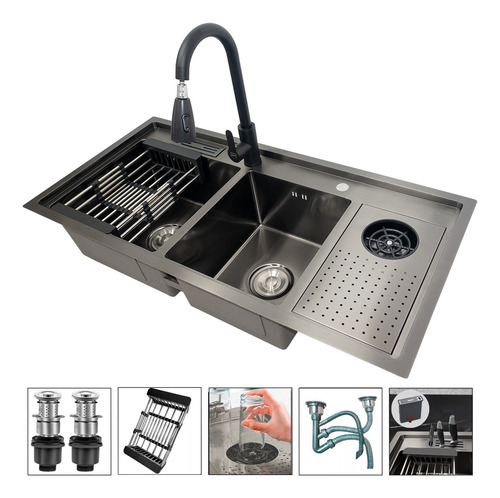 Lavaplatos Con Llave Moderno 100x48 Y Lavavasos Marca Beiti Con Accesorios Color Negro Con Escurridor Mangueras Desague Doble Tina De Sobre Mesa Acabado Brillante De Acero Inoxidable