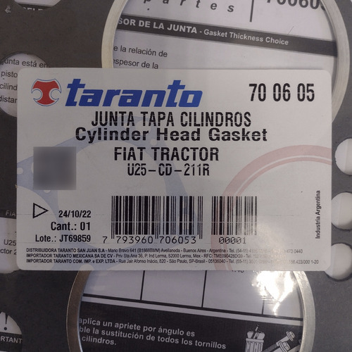 Junta De Tapa De Cilindros - Fiat Tractor U25 - Tractor 211r