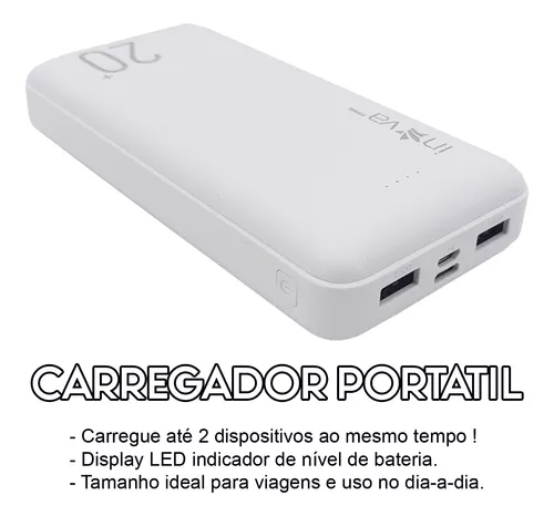 USB Power Bank portátil 20000mAh com display LED carregador