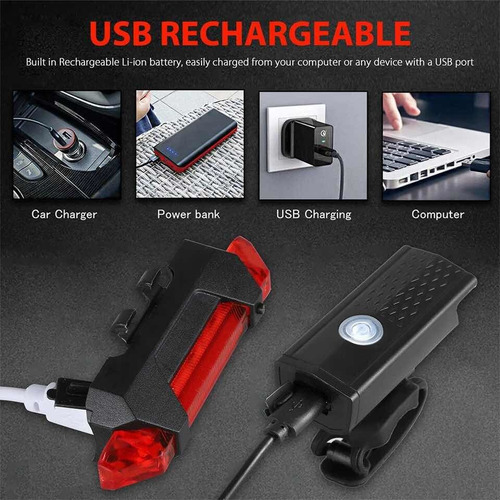 Combo Luces Recargables Bicicleta Delantera Y Trasera 300lm
