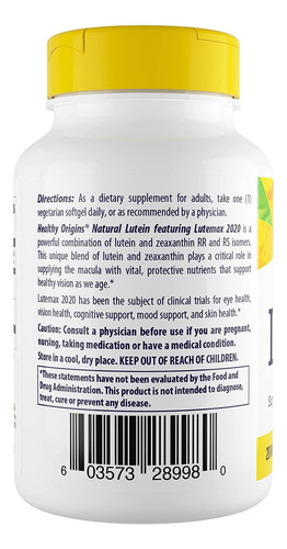 Healthy Origins Lutein Lutemax 2020 Supplement, 20 Mg, 180 C