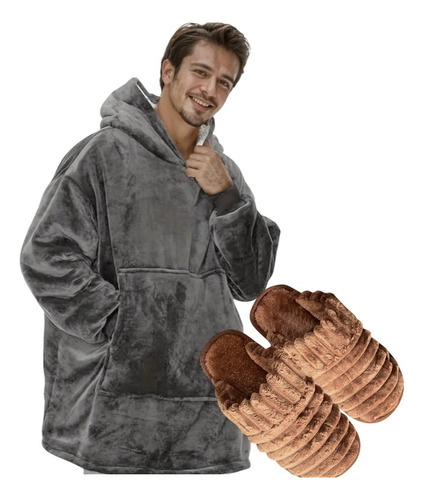 Bata De Levantarse Hombre Pijama Polar Hombre + Pantuflas