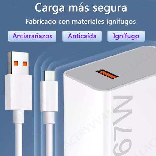Allaceryvva® Cargador 2 Piezas Turbo 67w Super Rápido Tipo C Cable Rápido 6a Para Xiaomi Poco M5s/ M6 pro 4g/ C75 4g/ C65 4g/ Redmi Note 13 Pro 4g/ Note 14 Pro 4g 2 Piezas Blanco
