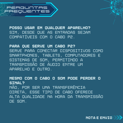 Cabo Auxiliar Áudio P2 Estéreo 1.5m Universal Som Kimaster