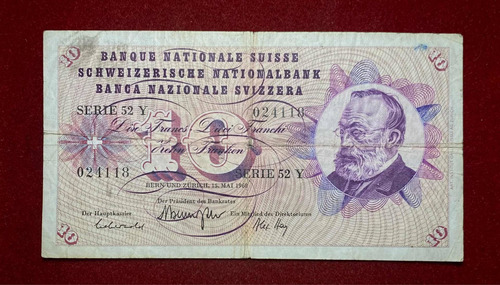 Billete 10 Francos Suizos 1968 Suiza Pick 45 N.2