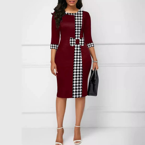 Elegante Vestido Midi Con Estampado De Pata De Gallo Y Falda